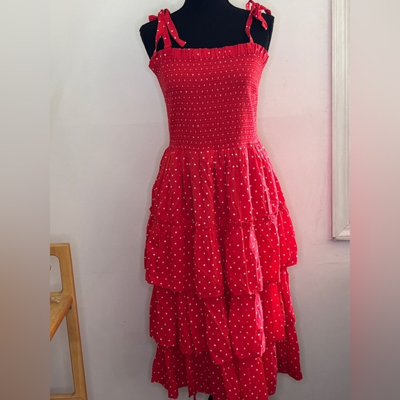 NWT Draper James Red white Polka Dot Seersucker Tiered Ruffle Sun Dress SZ M - Picture 2 of 8